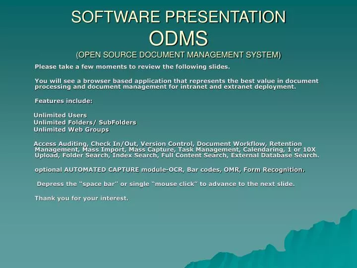 software presentation odms open source document management system