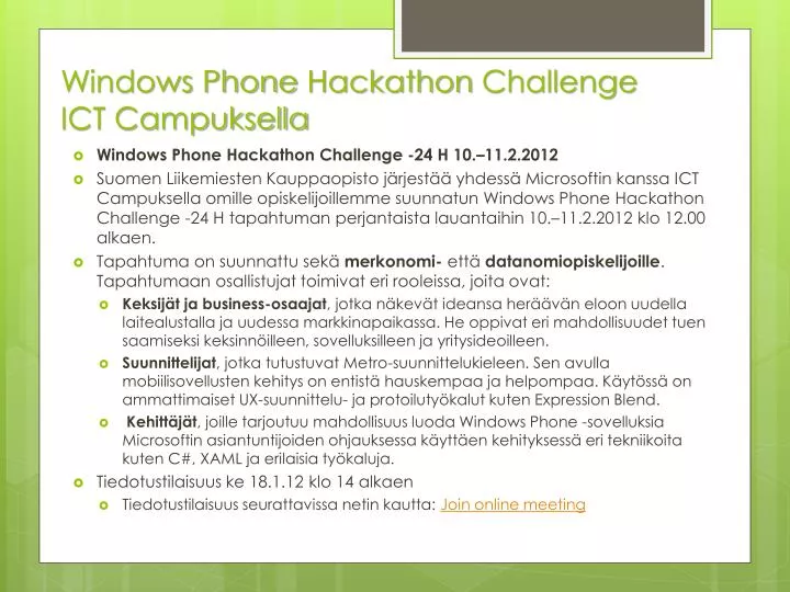 windows phone hackathon challenge ict campuksella