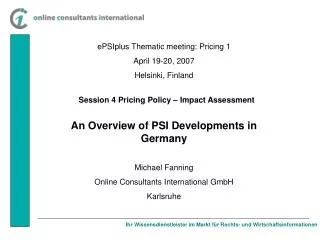 ePSIplus Thematic meeting: Pricing 1 April 19-20, 2007 Helsinki, Finland