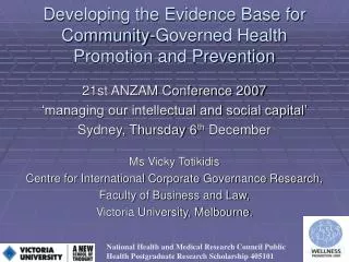 Developing the Evidence Base for Community-Governed Health Promotion and Prevention