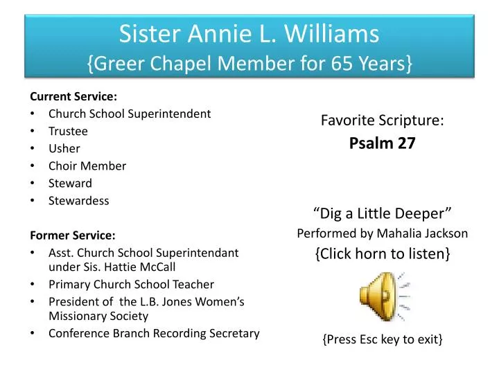 sister annie l williams greer chapel member for 65 years
