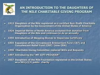 AN INTRODUCTION TO THE DAUGHTERS OF THE NILE CHARITABLE GIVING PROGRAM
