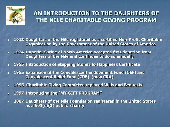 an introduction to the daughters of the nile charitable giving program