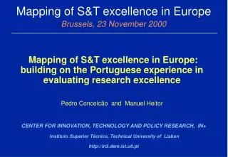 Mapping of S&amp;T excellence in Europe Brussels, 23 November 2000