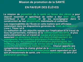 mission de promotion de la sant en faveur des l ves