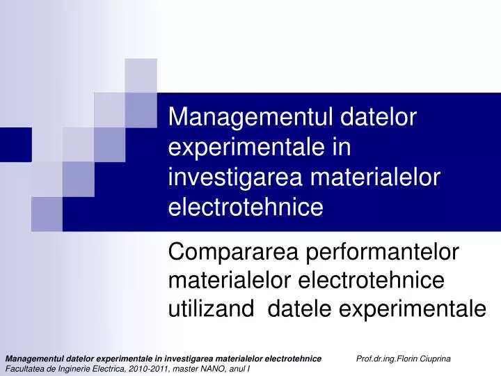 managementul datelor experimentale in investigarea materialelor electrotehnice