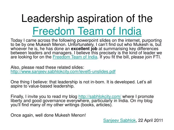 leadership aspiration of the freedom team of india