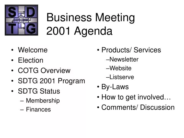 business meeting 2001 agenda