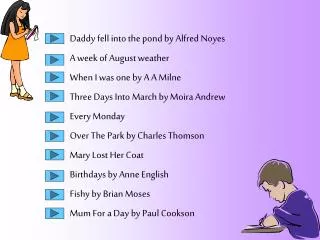 Daddy fell into the pond by Alfred Noyes A week of August weather When I was one by A A Milne