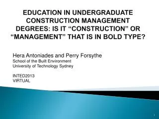 Hera Antoniades and Perry Forsythe School of the Built Environment University of Technology Sydney