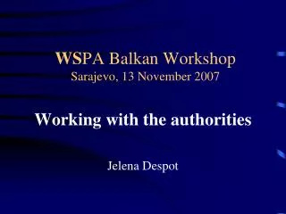 WS PA Balkan Workshop Sarajevo, 13 November 2007