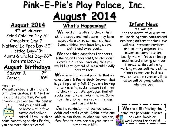 pink e pie s play palace inc august 2014