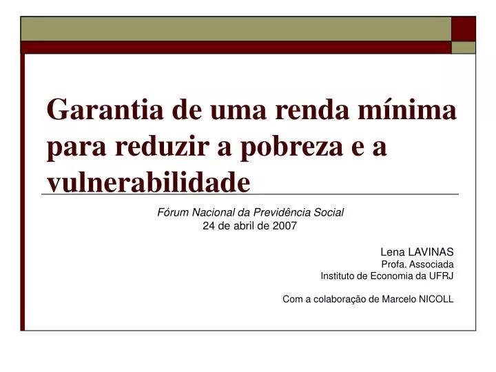 garantia de uma renda m nima para reduzir a pobreza e a vulnerabilidade