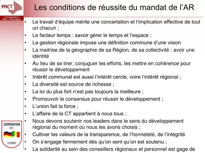 les conditions de r ussite du mandat de l ar