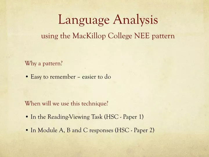 language analysis using the mackillop college nee pattern