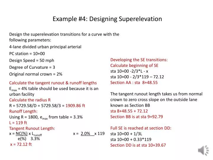 example 4 designing superelevation