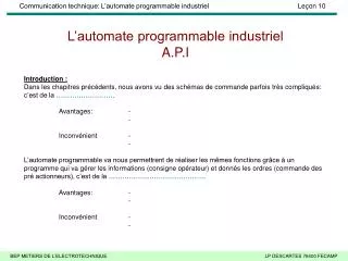l automate programmable industriel a p i