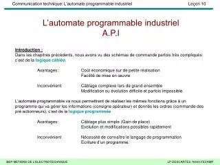 l automate programmable industriel a p i