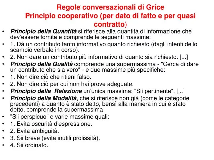 regole conversazionali di grice principio cooperativo per dato di fatto e per quasi contratto