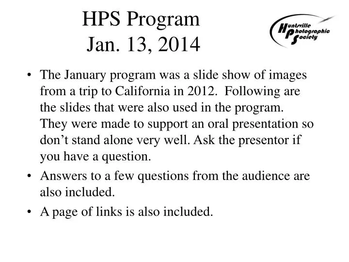 hps program jan 13 2014