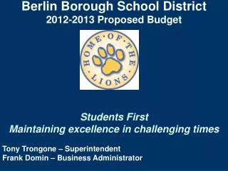 Berlin Borough School District 2012-2013 Proposed Budget Students First