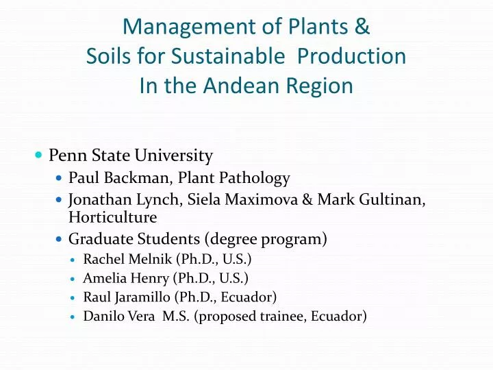 management of plants soils for sustainable production in the andean region