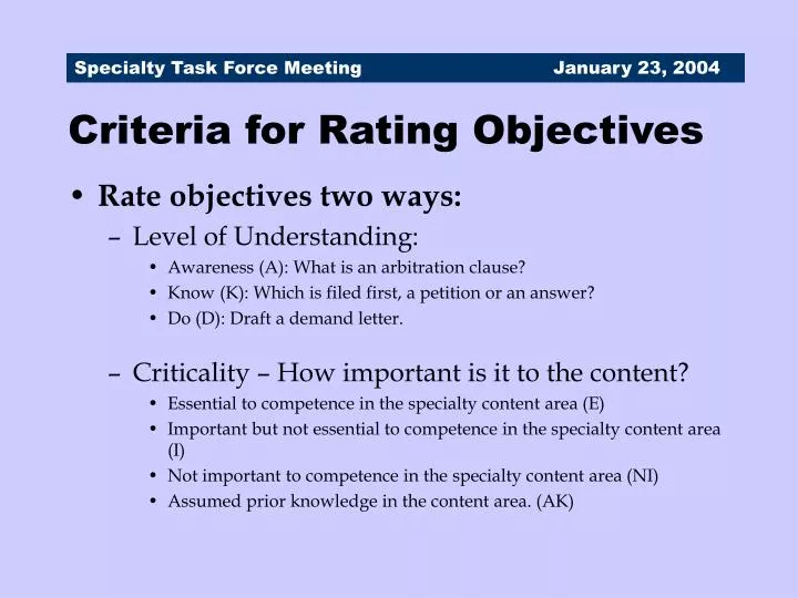 criteria for rating objectives