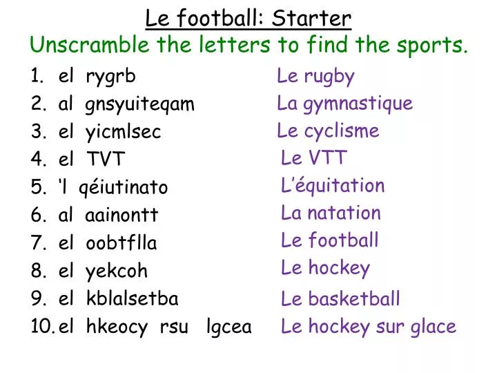 le football starter unscramble the letters to find the sports