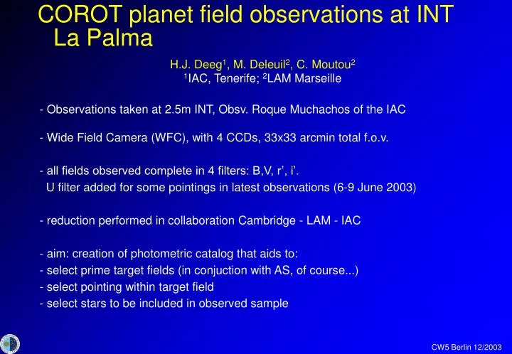 corot planet field observations at int la palma