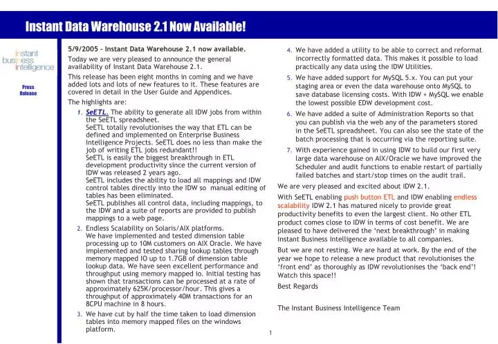 instant data warehouse 2 1 now available
