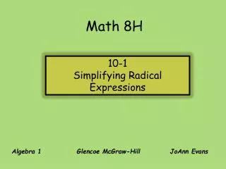 Algebra 1 Glencoe McGraw-Hill		JoAnn Evans