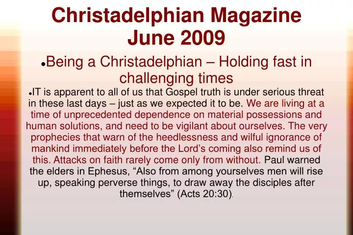 christadelphian magazine june 2009