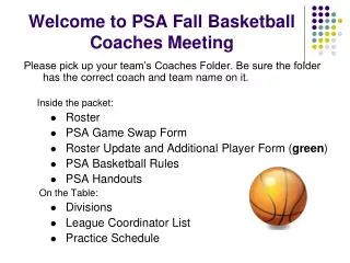 Welcome to PSA Fall Basketball Coaches Meeting