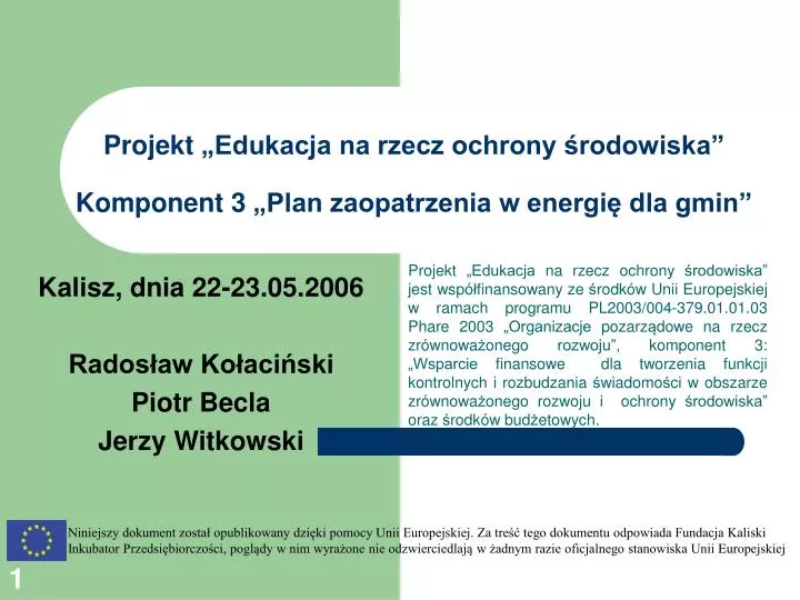 projekt edukacja na rzecz ochrony rodowiska komponent 3 plan zaopatrzenia w energi dla gmin
