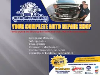 Auto Repair Shop, Brake Specialists, Transmission and Engine