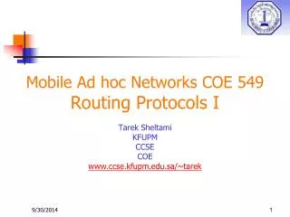 mobile ad hoc networks coe 549 routing protocols i