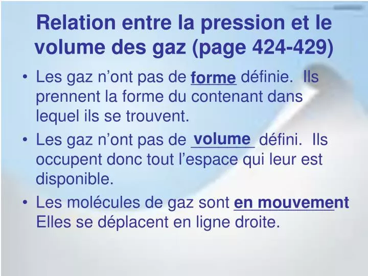 relation entre la pression et le volume des gaz page 424 429