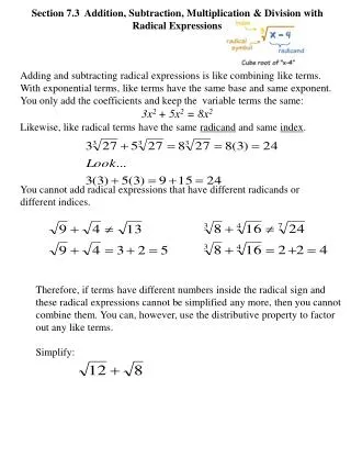 Section 7.3 Addition, Subtraction, Multiplication &amp; Division with Radical Expressions