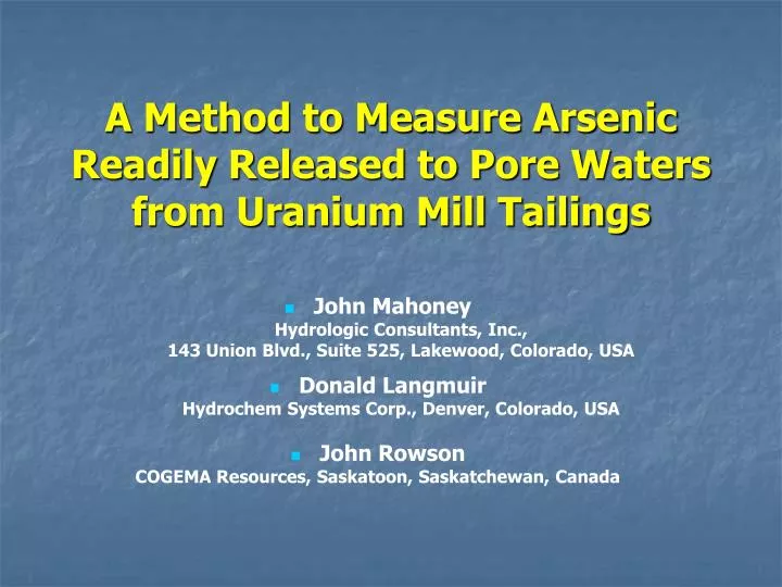 a method to measure arsenic readily released to pore waters from uranium mill tailings