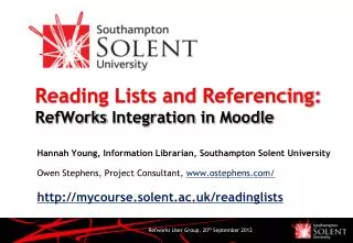 Reading Lists and Referencing: RefWorks Integration in Moodle