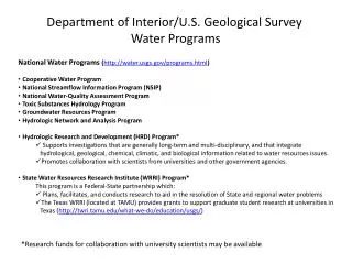 Department of Interior/U.S. Geological Survey Water Programs