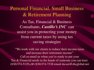 Personal Financial, Small Business &amp; Retirement Planning