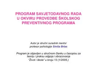 program savjetodavnog rada u okviru provedbe kolskog preventivnog programa