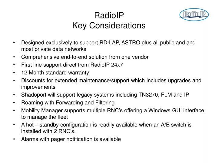 radioip key considerations