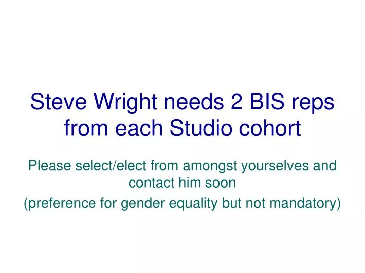 steve wright needs 2 bis reps from each studio cohort