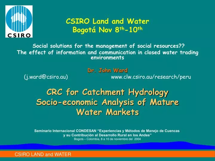 crc for catchment hydrology socio economic analysis of mature water markets