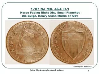 1787 NJ MA. 46-E R-1 Horse Facing Right Obv, Small Planchet Die Bulge, Heavy Clash Marks on Obv