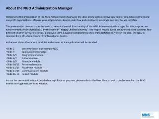 About the NGO Administration Manager