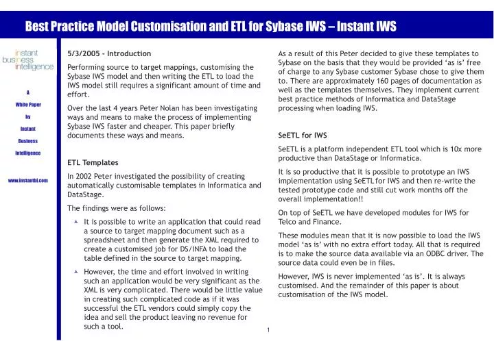 best practice model customisation and etl for sybase iws instant iws
