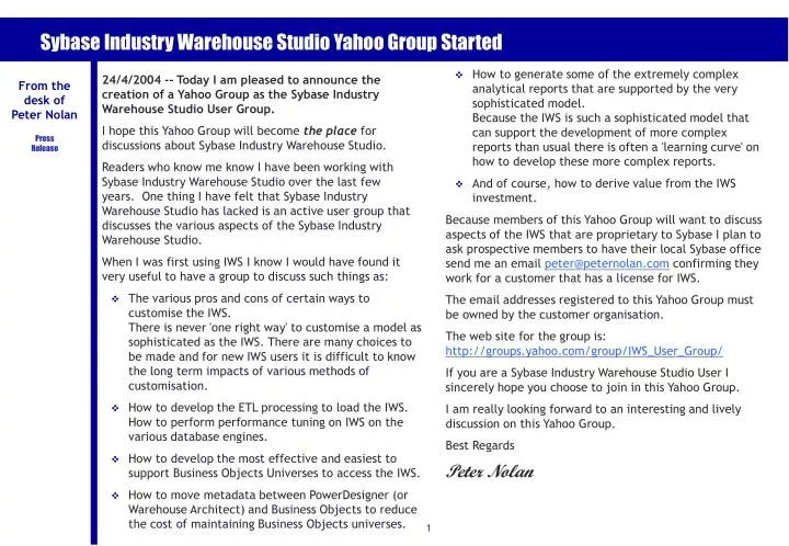 sybase industry warehouse studio yahoo group started